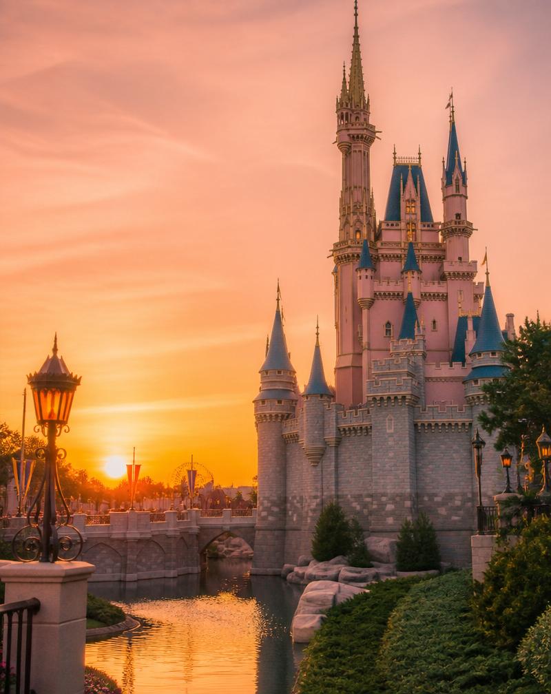 Castelo de conto de fadas ao amanhecer, representando a magia dos parques Disney