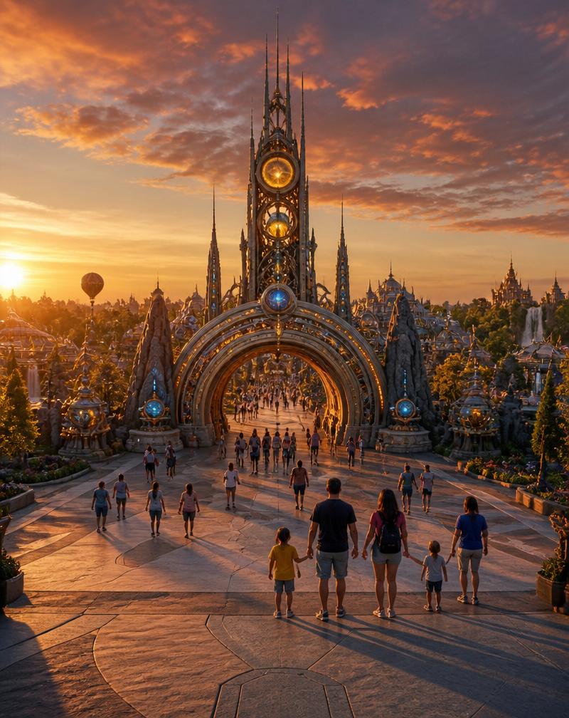 Portal celestial iluminado do Epic Universe ao entardecer, novo parque da Universal em Orlando