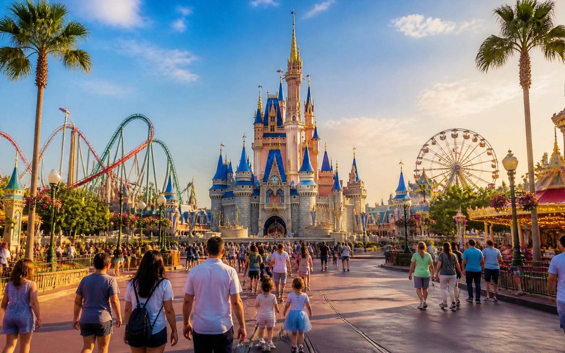 Castelo icônico dos parques de Orlando com montanha-russa, roda-gigante e famílias caminhando ao entardecer