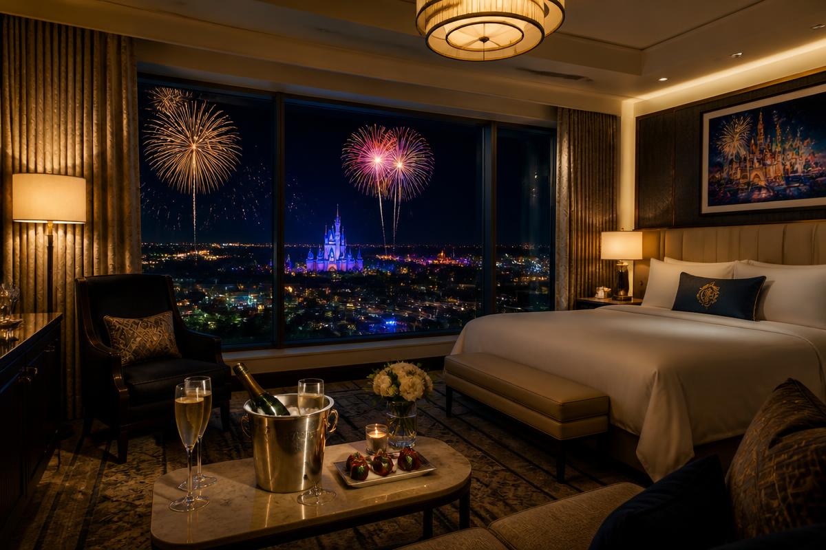 Suíte de luxo em Orlando com vista de fogos de artifício e decoração elegante