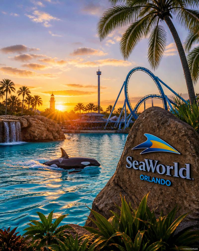 Vista do SeaWorld Orlando com águas cristalinas, montanha-russa e palmeiras ao pôr do sol