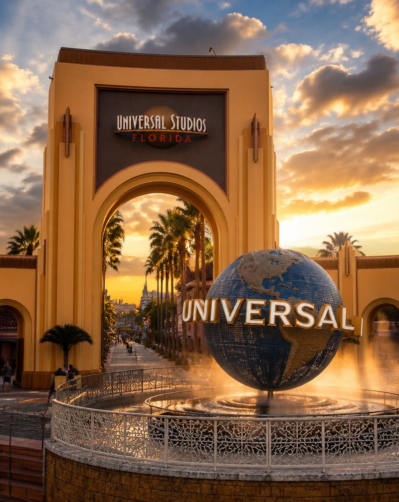 Entrada do Universal Studios Florida com o globo icônico ao pôr do sol